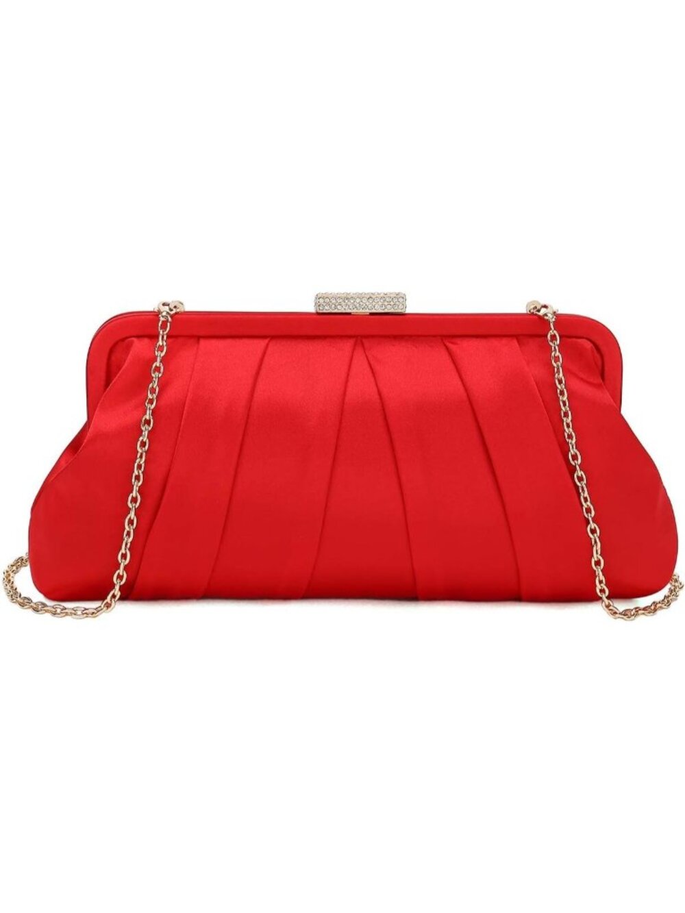 👜 Women's Red Classic Pleated Satin Clutch Bag Diamante Embellished Clutch